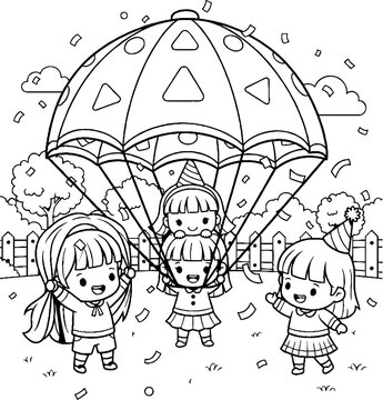 Three children playing together under colorful parachute outdoors.