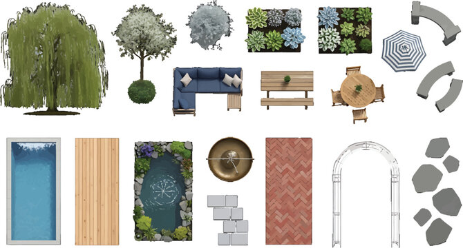 Top view landscape design elements set with trees furniture swimming pool and paving materials for architectural planning