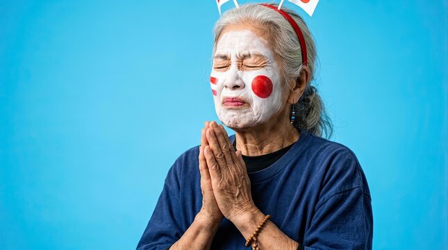 Elderly Japanese football fan with face paint praying fervently