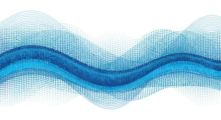Fototapeta premium Abstract flowing blue waves created with a combination of solid colors, halftone dot patterns, and delicate lines on a white background.