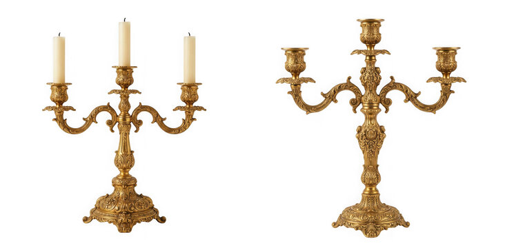 Classic golden candelabra with candles isolated on transparent background
