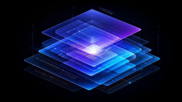 Futuristic Multi‑Layer Quantum Computing Architecture Featuring Transparent Data Layers, Artificial Intelligence Processing Core, Cloud Infrastructure, Digital Transformation and Advanced Cyber Techno