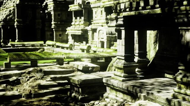 Detailed carved stone reliefs and stepped platforms, crisp textures and ancient motifs revealed in bright light, close perspective emphasizing craftsmanship