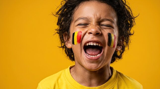 Young Belgian fan celebrates a football victory with face paint and joyful scream