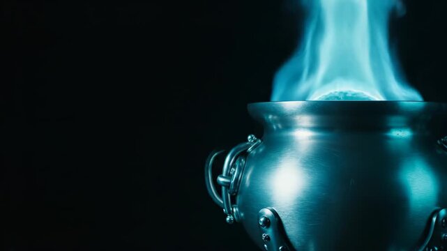 Metallic cauldron filled with bright blue flames burning intensely in dark room. Chemical reaction in industrial container for science experiment or magic concept