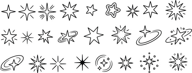 Fototapeta premium Set of Twenty Four Minimal Black Line Star Icons, Celestial Symbols, Sparkles, Rings, Bursts, Decorative Space Vector Elements