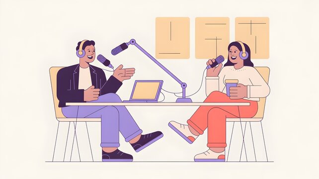 Podcast interview illustration with hosts microphones and headphones