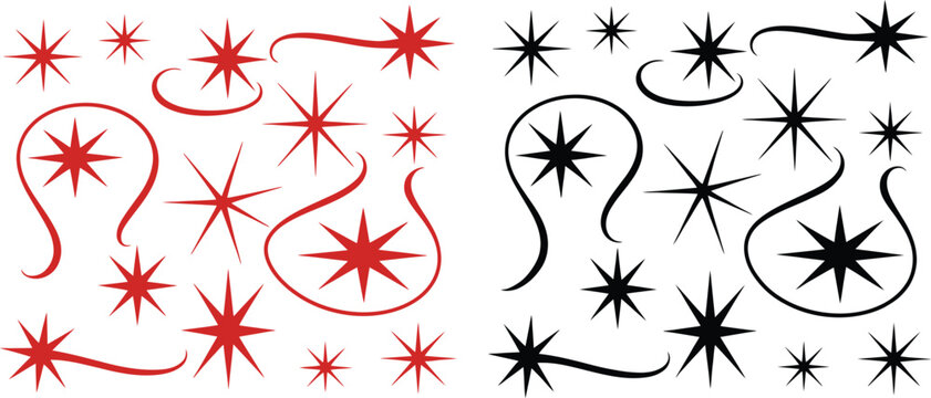 Red and Black Starburst Vector Pattern with Swirling Flourishes, Eight-Pointed Stars, Symmetrical Decorative Elements for Design Background