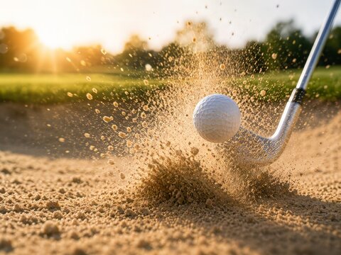 Golf Sand Bunker Shot Action Scene Featuring Golf Ball Impact, Club Swing, Flying Sand, Professional Golf Technique and Outdoor Sports Photography

