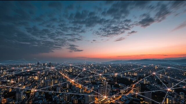 Smart Innovation city with connection cyber security network reciprocity over the cityscape . future wireless digital city and social media networking systems that connects people with in the city