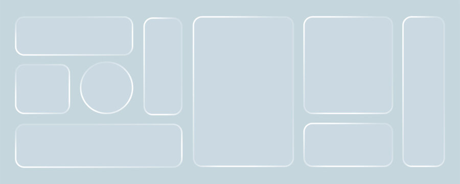 Glass liquid ui button set with transparent 3d effect - rectangle frame box elements in various sizes and proportions, glossy morphism style borders for modern interface design on blue background.
