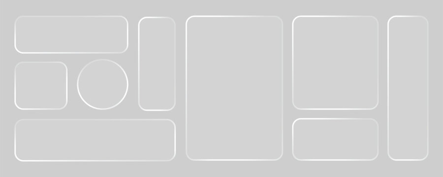 Glass liquid ui button set with transparent 3d effect - rectangle frame box elements in various sizes and proportions, glossy morphism style borders for modern interface design on blue background.