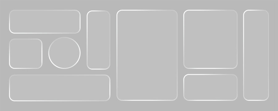 Glass liquid ui button set with transparent 3d effect - rectangle frame box elements in various sizes and proportions, glossy morphism style borders for modern interface design on blue background.