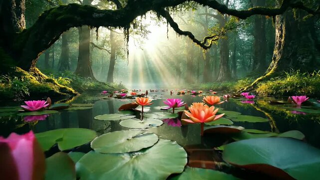 Lotus flowers in a mystical forest pond with sun rays filtering through forest trees