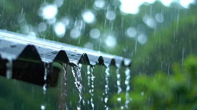 Gentle rain cascades from a rooftop, creating a peaceful, refreshing atmosphere in nature.