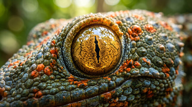 Extreme close up of textured colorful gecko eye and bumpy lizard skin scales