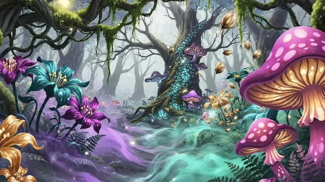 Enchanting fantasy forest filled with glowing mushrooms and mystical flowers under a misty canopy.