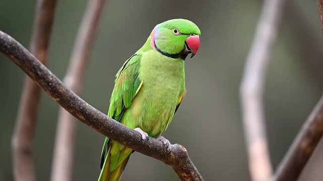 Rose-ringed parakeet bird perched on a tree branch in a lush green forest background