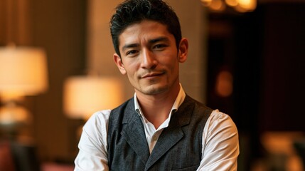 Fototapeta premium Gen Z Team Lead Young Slim Latino Man Hospitality Duty Thoughtful