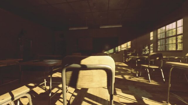 Quiet classroom after school with angled light falling across desks, notebooks left on surfaces, hallway visible through glass, sense of transition