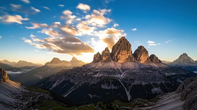 Majestic mountain peaks bathed in golden sunrise light under a dramatic sky