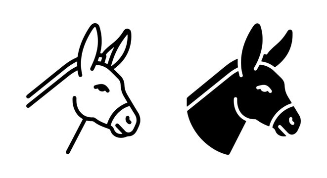Donkey Head Icons, Simple Line Art and Solid Silhouette, Farm Animal Vector Graphics