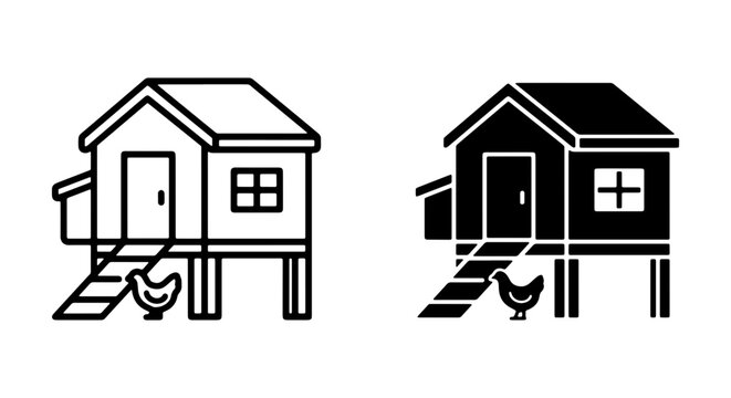 Chicken Coop Icon Set, Farmhouse Building Vector Graphics, Rural Dwelling Silhouette, Livestock Shelter Illustration