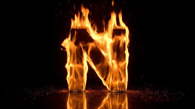Letter n on fire burning with intense orange flames against a dark black background.