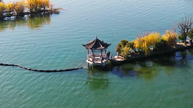 Aerial View of Traditional Pavilion on Erhai Lake in Dali, Yunnan, China