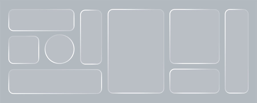 Glass liquid ui button set with transparent 3d effect - rectangle frame box elements in various sizes and proportions, glossy morphism style borders for modern interface design on blue background.