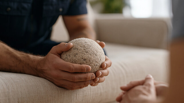 First responder in therapy session gripping stress ball while speaking to counselor, traumatic brain injury PTSD recovery, occupational health psychology, emergency worker mental