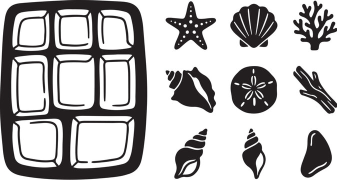 Black and white ocean icons and shapes set