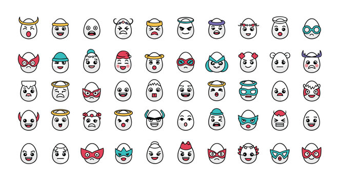 Large collection of diverse egg characters with many different facial expressions, masks, and hats in a neat grid layout.