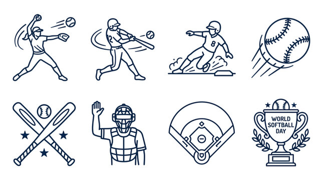 Dynamic Softball Line Art Icons Collection Depicting Players, Game Action, and Equipment, Perfect for Sport-Themed Designs, Athletic Event Graphics, and Digital Illustrations