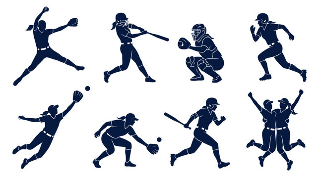 Illustrative Silhouettes of Women Playing Softball, Showcasing Dynamic Athleticism, Skill, and Teamwork in Various Game Scenarios and Celebrations