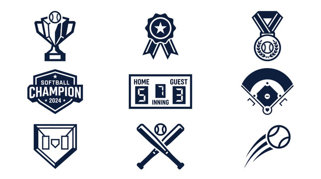 Set of softball sport icons trophy, baseball field, score board, medal, baseball bats and ball