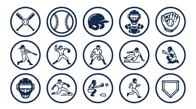 Collection of Baseball Icons and Illustrations, Featuring Players, Equipment, and Action Shots