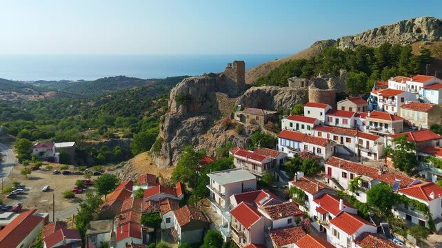 Aerial View of Chora Medieval Village on Samothraki Island Greece
