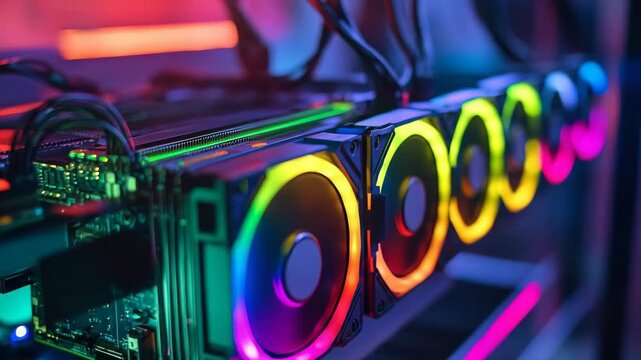 Futuristic crypto mining farm with colorful glowing processors and hardware racks showing blockchain computation digital currency technology data center power usage and modern financial innovation