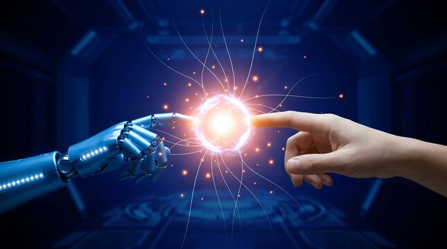 Human and robotic hand touching with glowing connection