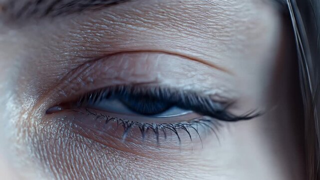 Close up of human blue eye with detailed iris and eyelashes in natural lighting