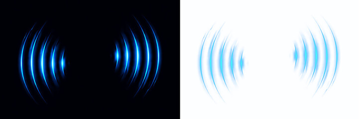 Ultrasonic audio ripple png with circular sound vibration, radar signal waves, digital echo pattern, music equalizer bars and abstract technology composition design. © Allia
