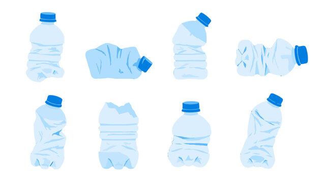 Set of crumpled plastic water bottles in different positions