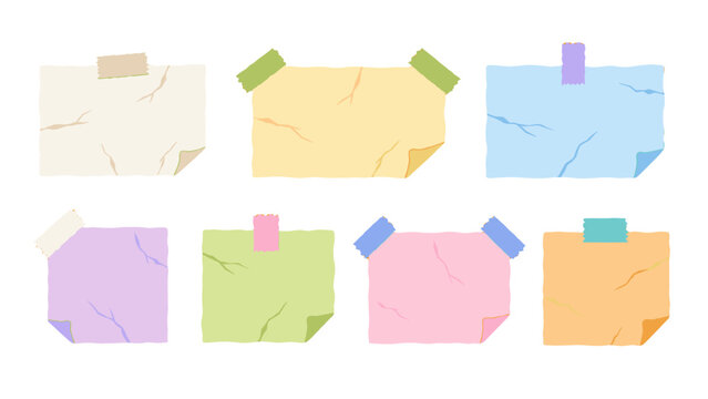 Set of colorful crumpled sticky notes with tape pieces