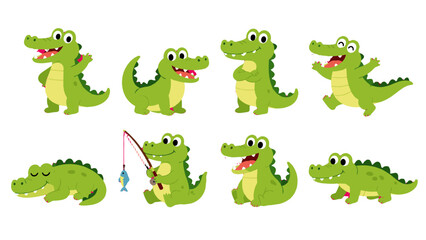 Obraz na płótnie Canvas Set of cute cartoon crocodile characters in different poses