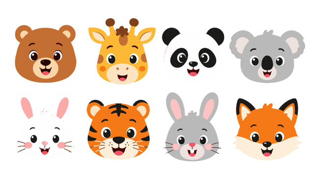 Cute cartoon animal face set with bear giraffe panda and fox
