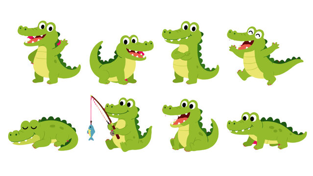 Set of cute cartoon crocodile characters in different poses