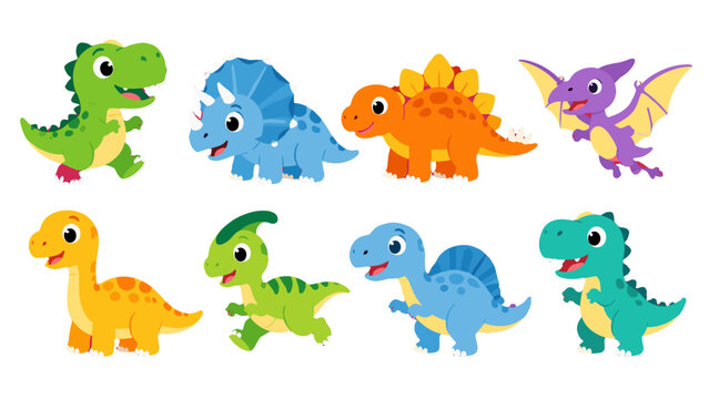 Cute cartoon dinosaur and pterodactyl character set