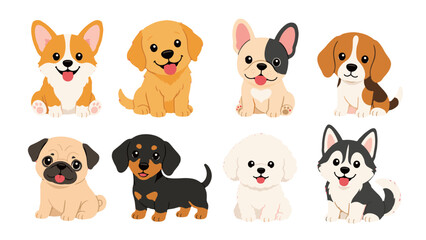 Set of cute cartoon puppy dog characters in different breeds © Alan