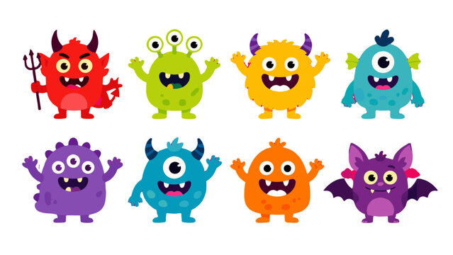 Set of colorful cute cartoon monsters and fantasy creatures
